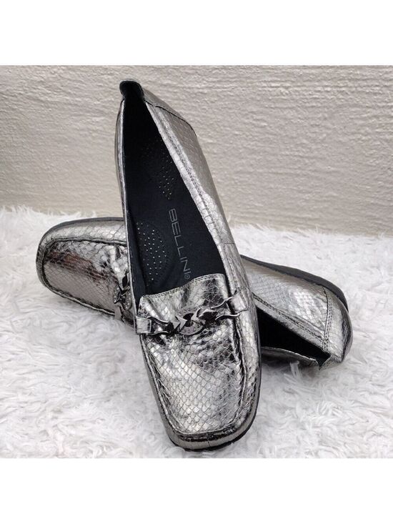 Bellini Shoes - Bellini Abagail Silver Metallic Snakeskin Design Square Toe Low Wedged Heel Shoe